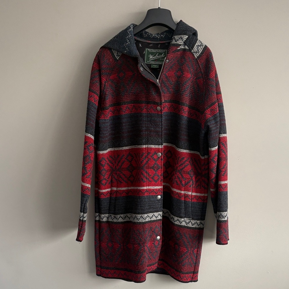 Woolrich Red and Black Patterned Hooded Trench Coat